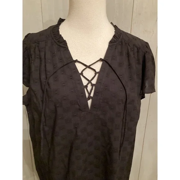Loft Lace Up Flounce Swing Dress Black Size Lg Lightweight NEW 99$ - Picture 6 of 9